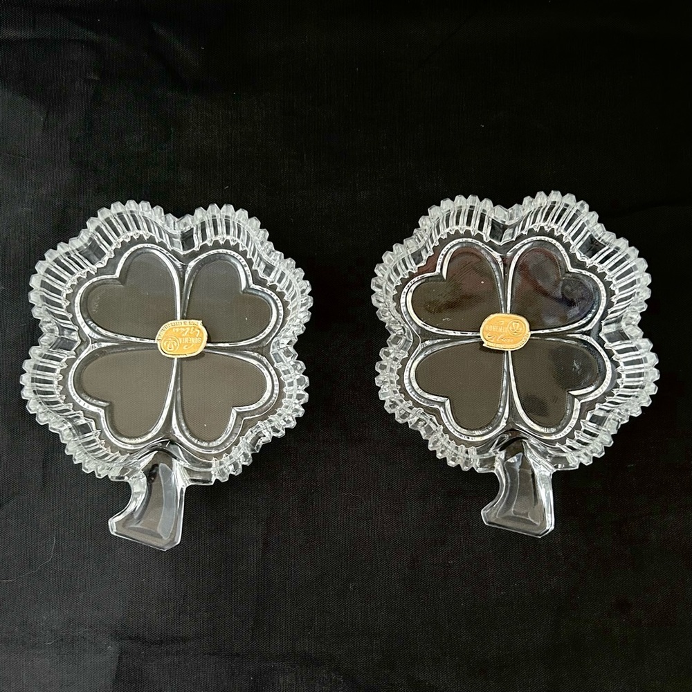 2-Vintage Bohemian Czech Glass Shamrock 4 Four Leaf Clover Club Trinket Ash Tray